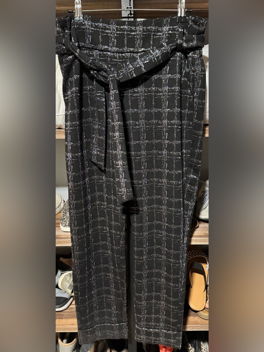New York & Company Black Grid Tie-Waist Straight-Leg Pants
